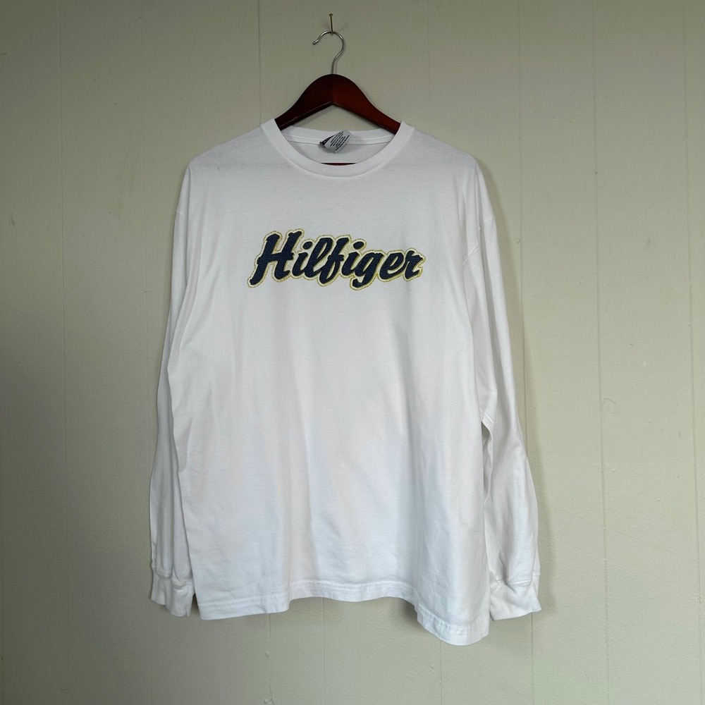 Vintage 90s Tommy Hilfiger Long Sleeve Shirt Size L White Embroidered Logo